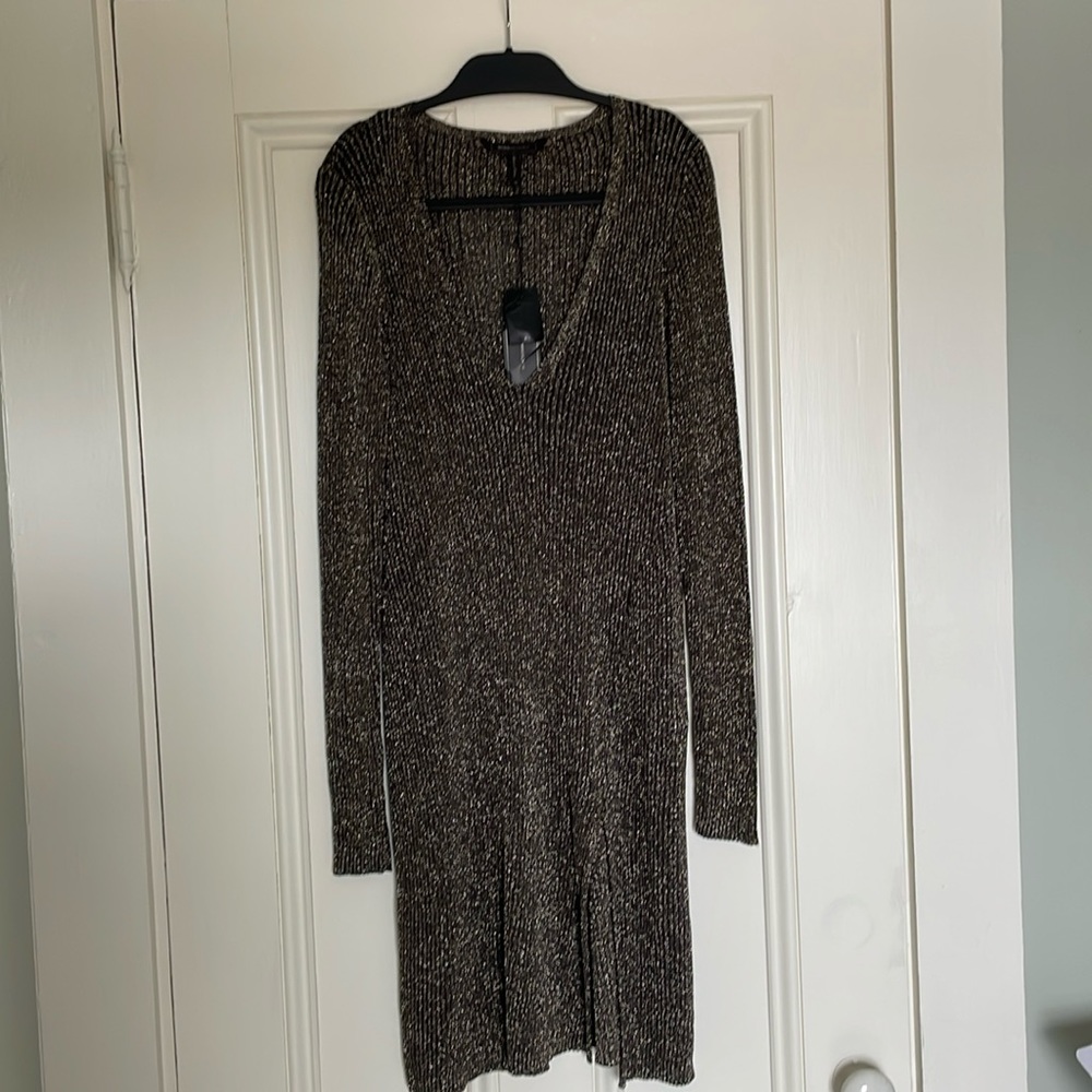 BCBGMaxAzria Black and Gold Midi Dress